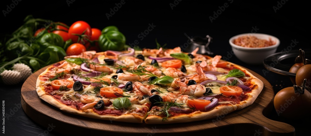 Close up serving of classic Italian seafood pizza with king prawns tuna and olives on rustic black board