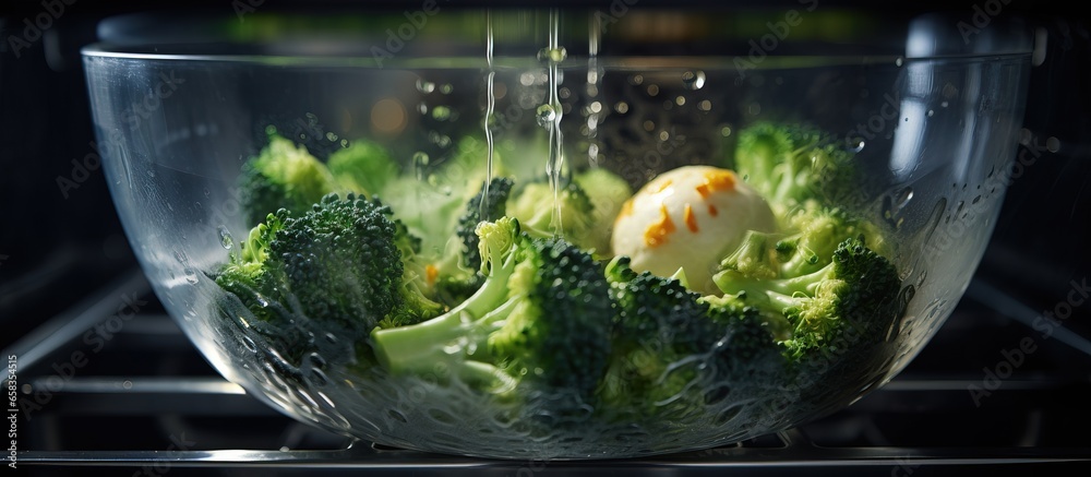 Cooking raw vegetables and eggs in dishwasher close up