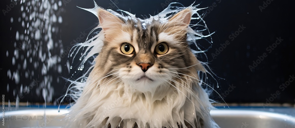 The cat gets groomed at the salon with a bath washing combing and blow drying