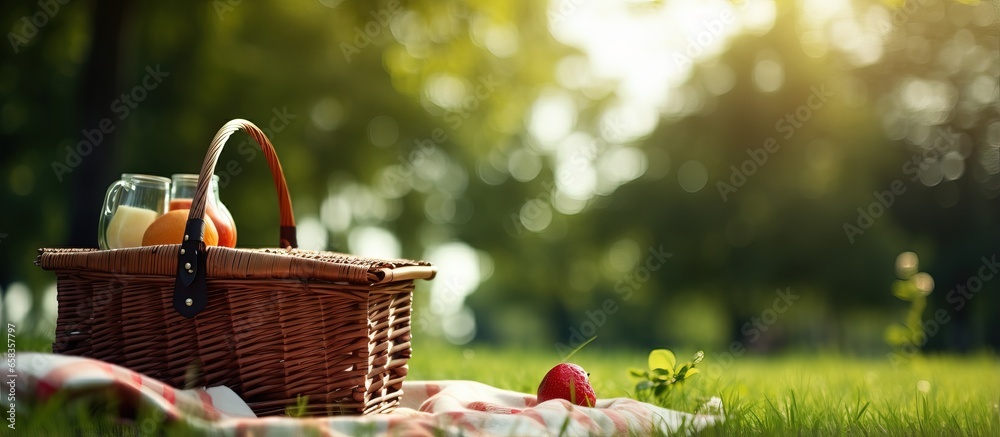 Picnic basket on the fresh lawn