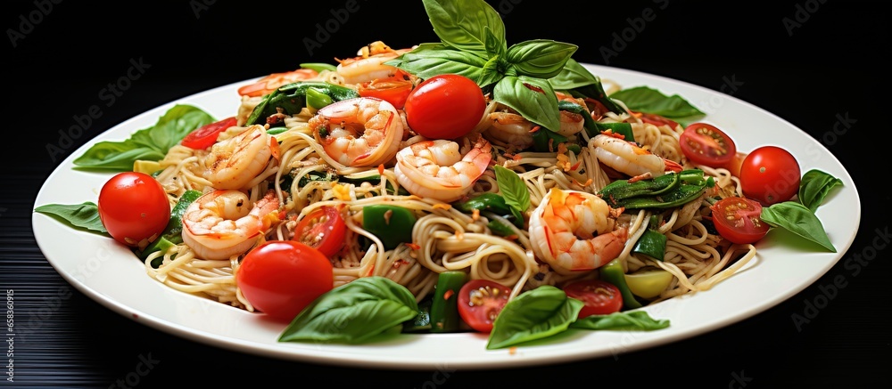 Whole grain linguine with shrimp asparagus tomatoes Parmesan cheese and oregano