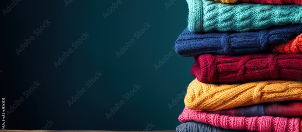 Colorful knitted sweaters stacked on the border