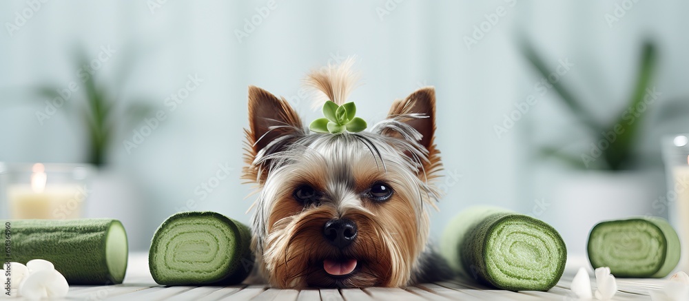 Yorkshire terrier relaxing at spa with cool cucumber eye treatment