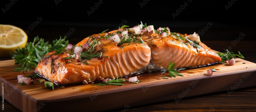 Grilled or roasted salmon on a cedar plank with herbs and spices