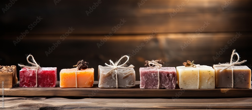 Closeup of natural soap bars on wooden background with text space