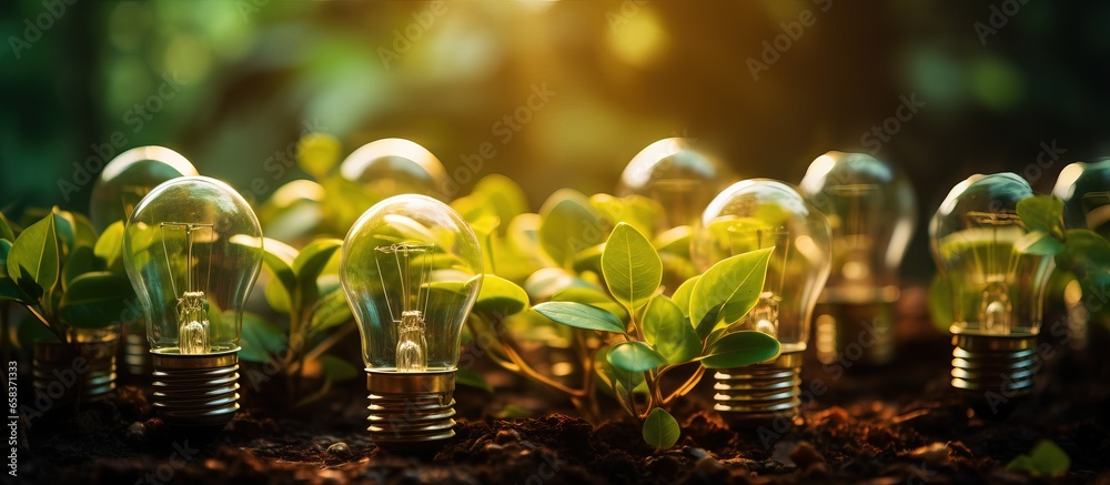 Eco friendly investments in renewable energy green business and environment with a natural green backdrop encompass energy efficient concepts light bulbs and trees