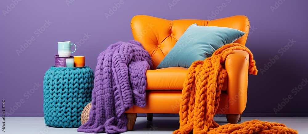 Colorful knitted bed throws and cushions on the seat