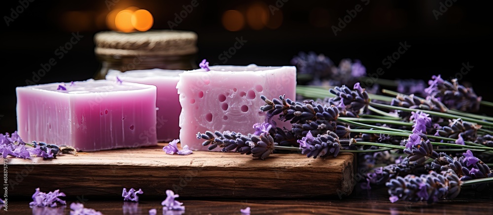 Lavender soap and salt on a wooden board