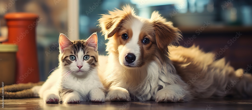 Veterinarian examines pets at animal clinic for check up and vaccinations