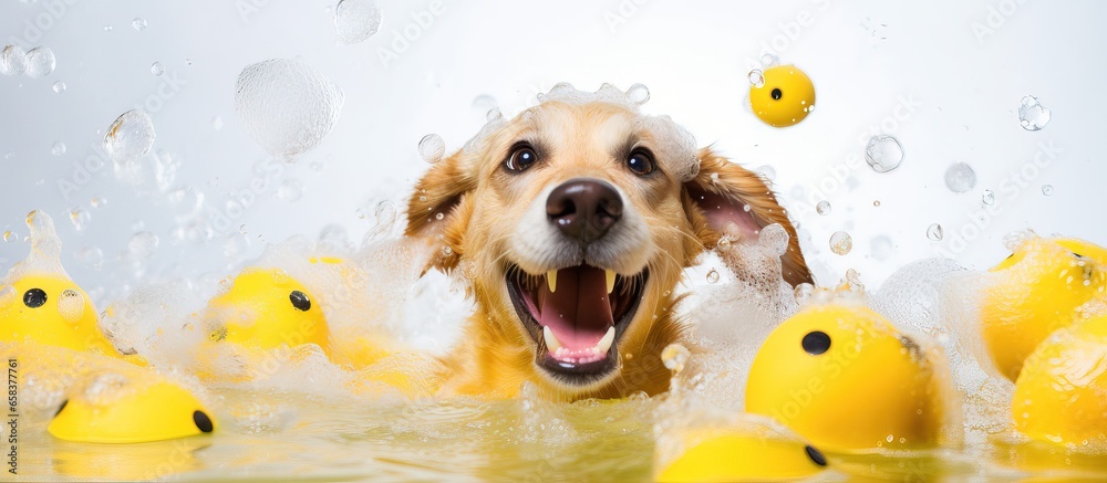 Cute dog in bath with bubbles foam yellow duck Pet grooming