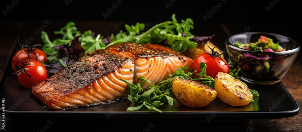 Salmon potatoes lime and vegetable salad on black plate