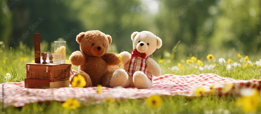 Childhood happiness in an outdoor picnic with a red and white tablecloth surrounded by dandelions in a green meadow