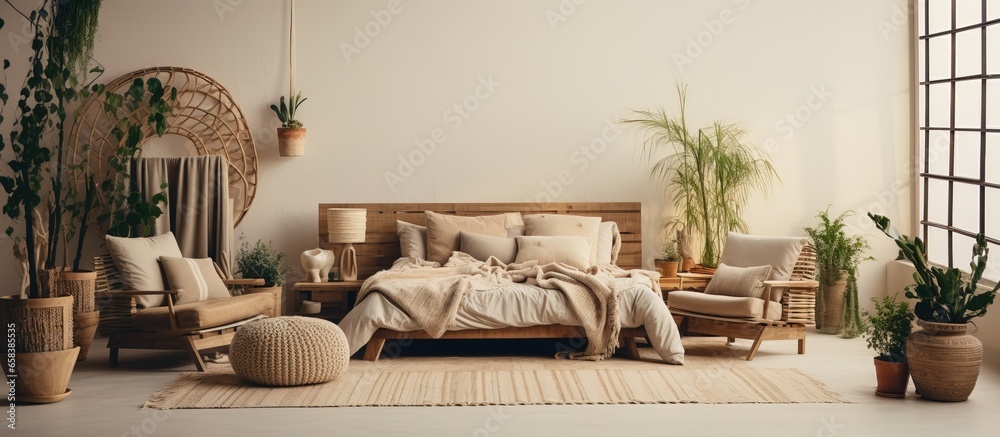 Cozy bedroom with ethnic decorations wooden furniture plants curtains and open space