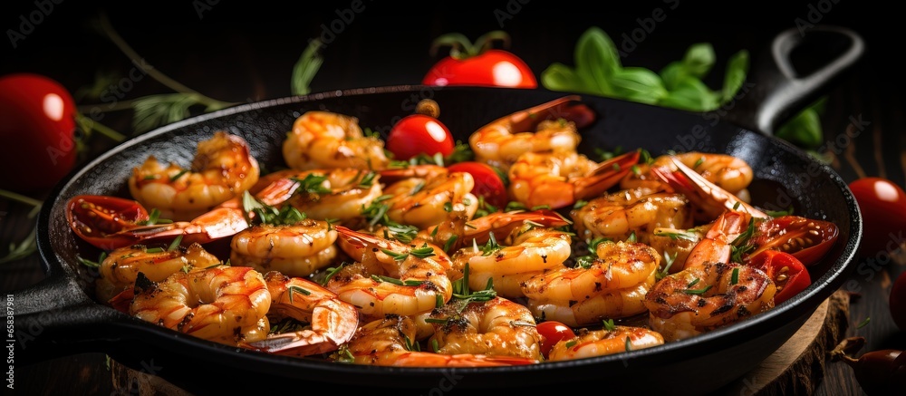 Cooking shrimp and cherry tomatoes on a cast iron skillet in a restaurant