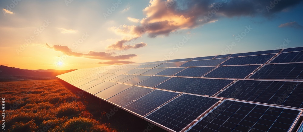 Renewable energy from solar cells on rooftop with a beautiful sunset background