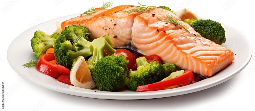 White background with baked salmon and veggies isolated