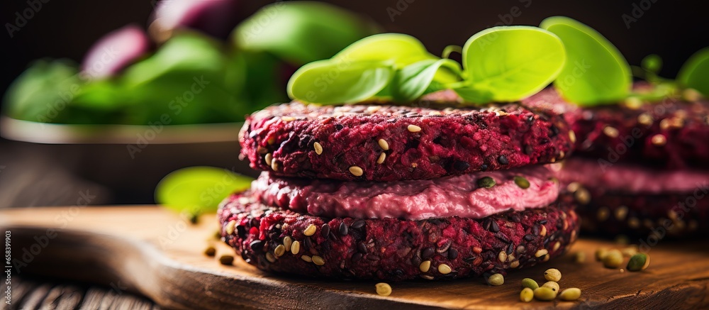 Healthy vegan black burgers made with beetroot quinoa and avocado sauce displayed on a wooden table