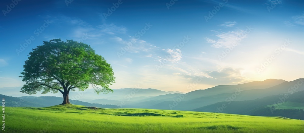 Scenic landscape with a tree mountains and colorful sky during sunset or sunrise