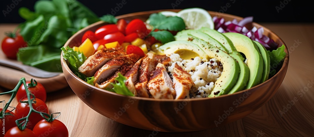 Nourishing diverse bowl incorporating quinoa tomatoes chicken avocado lime mixed greens and lettuce Nutrition and wellbeing