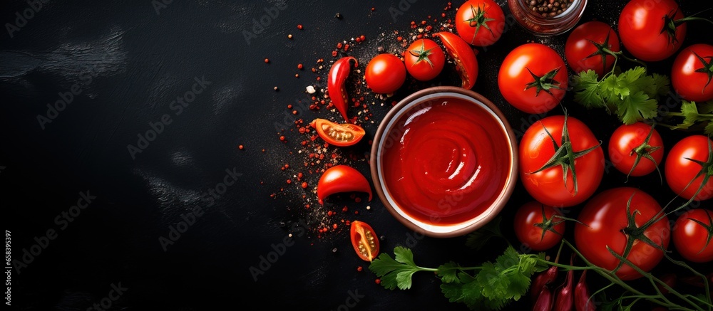 Homemade tomato sauce with ingredients arranged flat with space for text