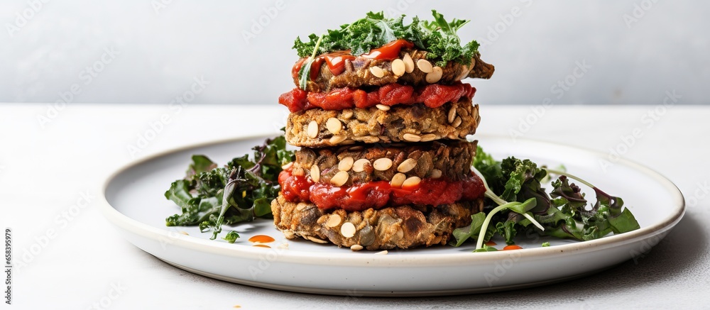 Plant based lentil burgers with kale tomato sauce and a white background embodying the concept of vegan food