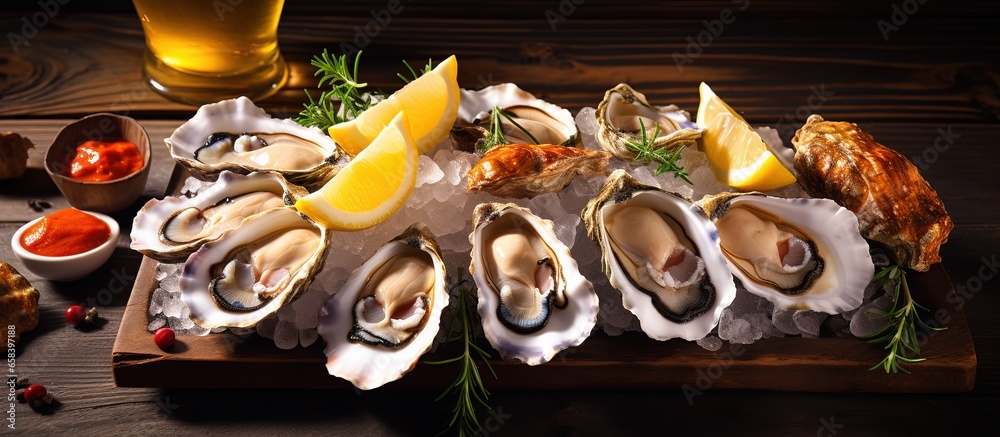 Oysters with sauce and lemon on a platter