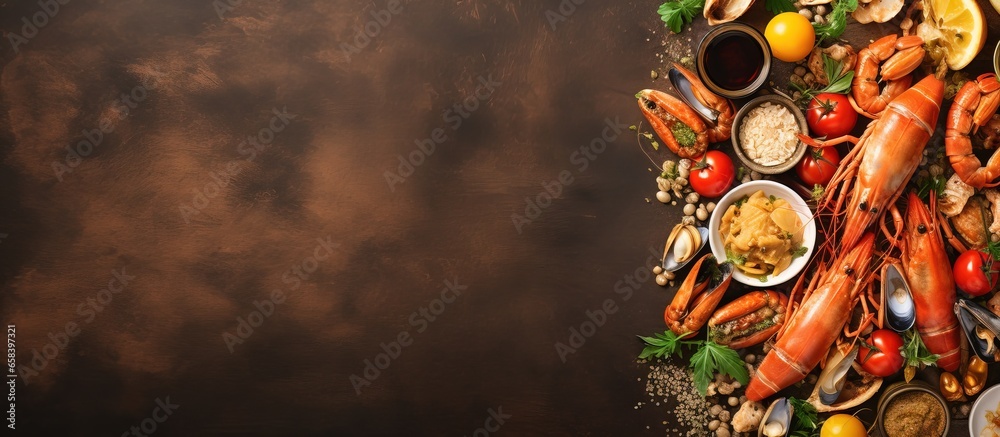 Top view of a frying pan with a variety of grilled seafood cooked in white wine