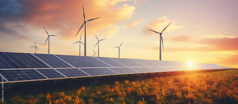 Renewable energy from nature solar and wind power combined at sunset