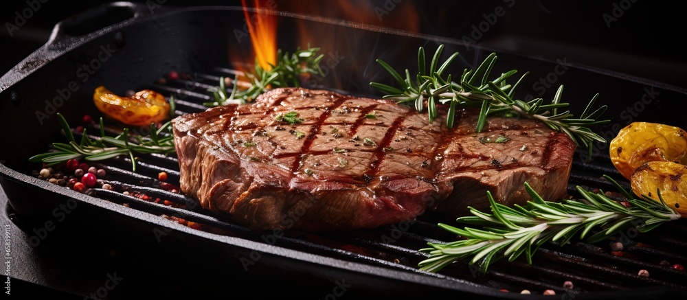 Chef preparing ribeye steak with butter thyme and garlic in the kitchen overhead shot