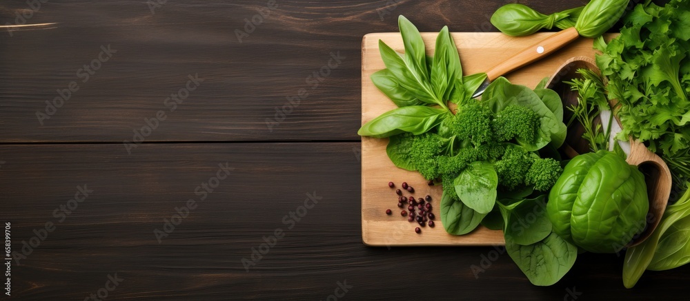 Front view composition of fresh green leafy vegetables and kitchen utensils on wooden countertop with space for display