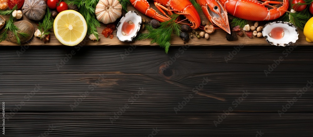 Seafood displayed on a wooden board Healthy and aerial perspective