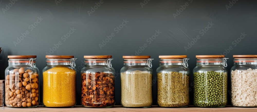 Kitchen with glass jars containing different cereals seeds Eco friendly zero waste kitchen Ideas for kitchen interior