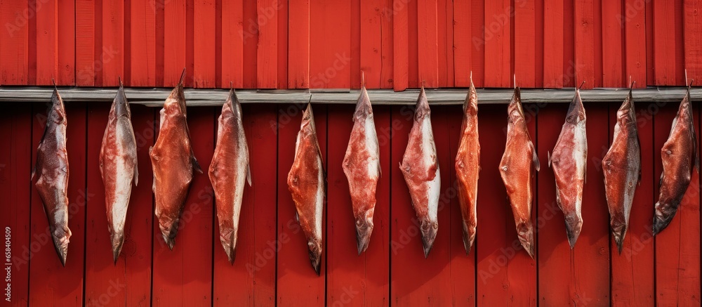 Traditional method of preservation in northern Norway using red wooden walls to dry cod