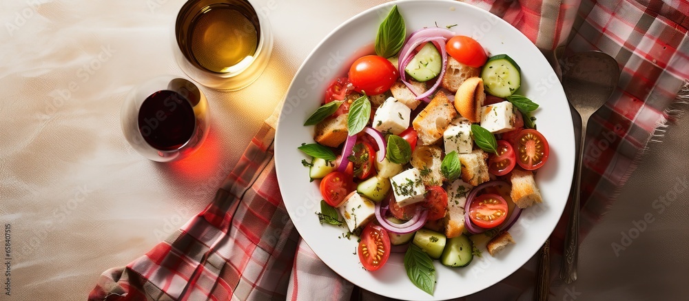 Italian tomato salad with mozzarella capers red onion croutons cucumbers and basil served with utensils and wine Summer salad on printed tile background viewed from above