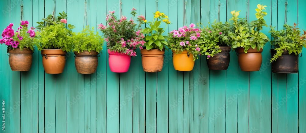 Potted plants in an outdoor garden with a green wall and an eco friendly vertical garden on a colorful painted background