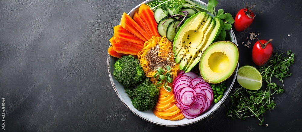 Spring vegetable buddha bowl delicious and healthy displayed from above on a gray background