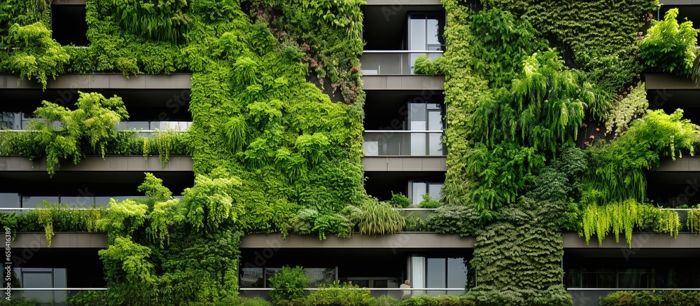 Eco friendly plants on building s green facade