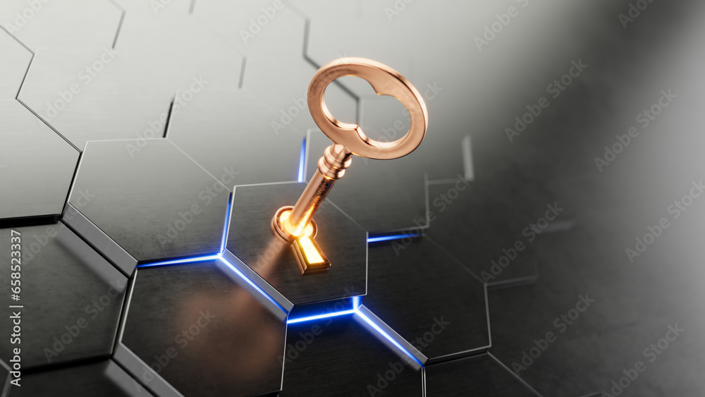 Golden key and hexes puzzle - 3d rendering