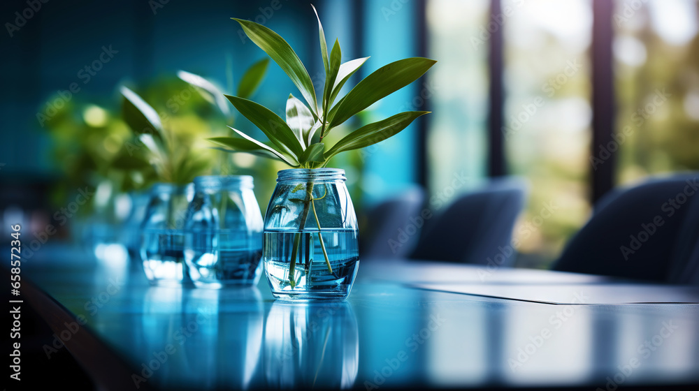 Modern minimalist corporate conference room with glass table in blue shades. Generative AI