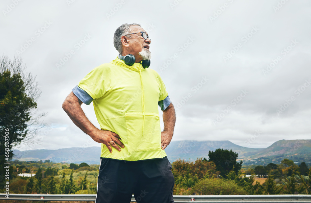 Thinking, fitness and outdoor with senior man, exercise and wellness with breathing, relax or tired. Old person, sky mockup or runner with fatigue, rest or outside with workout, training or fresh air