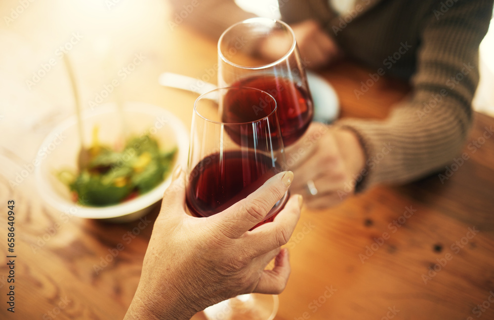 Glasses, closeup and couple with wine, cheers and celebration with lunch, bonding and love. People, man and woman with alcohol, toast or home with achievement, anniversary or marriage with gratitude