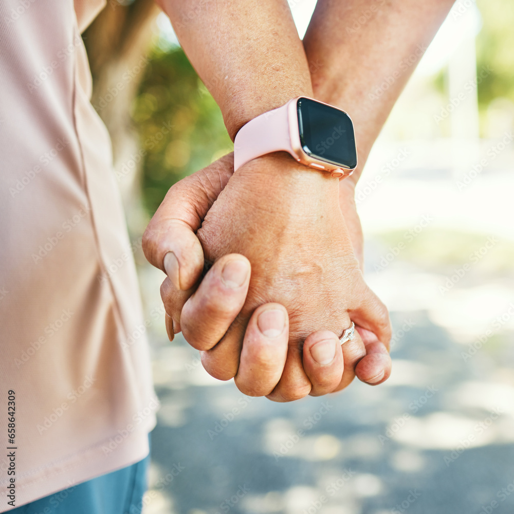 Closeup, holding hands and support with trust for love in bond, together or romance while walking. Elderly couple, man and woman in retirement with exercise for wellness, health or smart watch