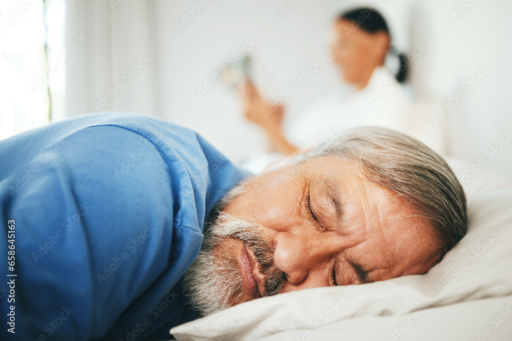 Bed, face and mature man sleeping, tired or nap for stress relief, morning wellness or retirement rest. Fatigue, marriage couple and relax with senior person cozy, dream and exhausted in home bedroom