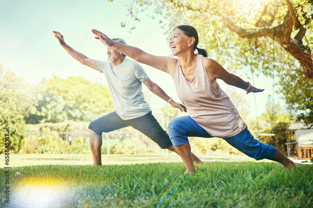 Senior couple, outdoor and yoga for health, fitness and wellness in grass, healthy or happy. Retired, elderly and enjoying retirement with workout, stretching and backyard for body, man and woman