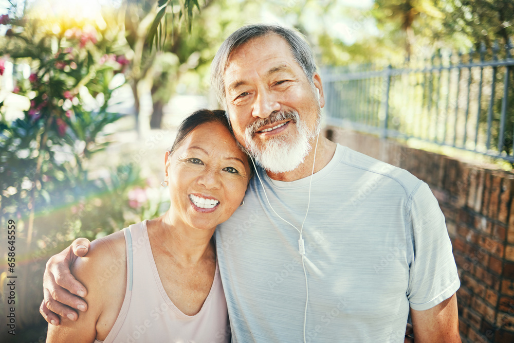 Hug, outdoor and senior couple with exercise, portrait and retirement with workout, smile and love. Park, elderly man and happy old woman embrace, face and fitness with summer, wellness and health