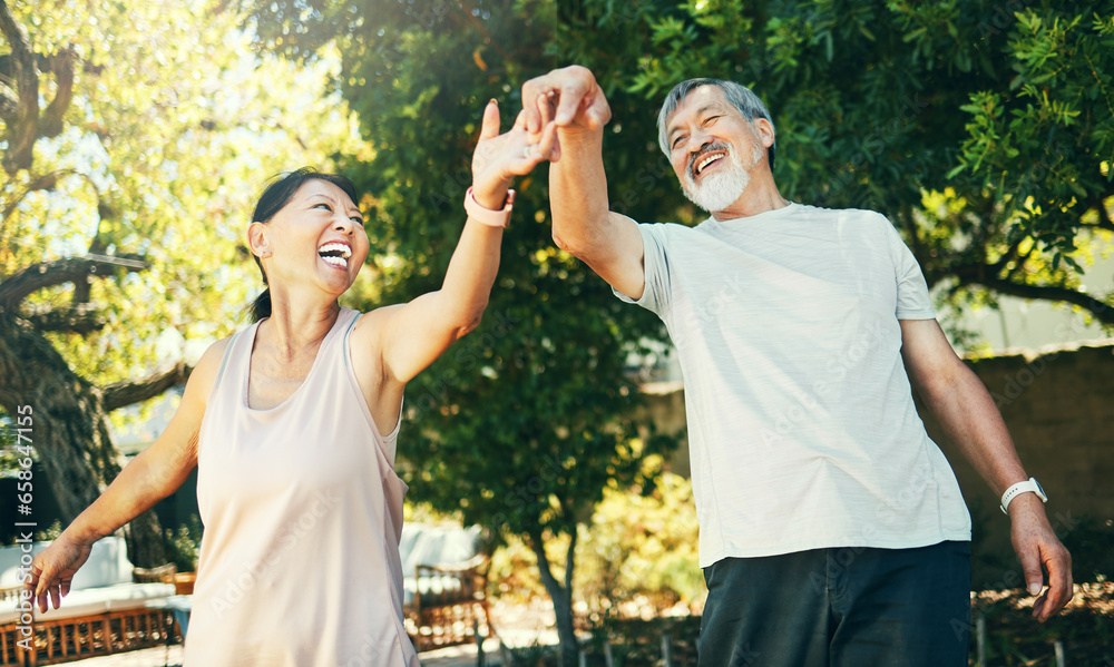 Asian couple, senior and dance in park with smile for date, peace and romance with sunlight. Elderly, man and woman or holding hands outdoor in nature or backyard for bonding, fun and love or care