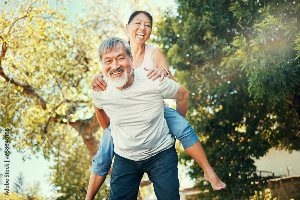 Piggy back, portrait and Asian couple in garden for bonding, healthy relationship and relaxing outdoors. Marriage, nature and senior man and woman happy, laughing and playful for love, care and fun