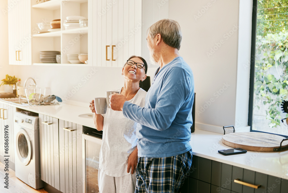 Coffee, happy and Asian old couple in kitchen with hot beverage, tea and caffeine for breakfast. Marriage, retirement and senior man and woman in home laugh for bonding, relationship and commitment