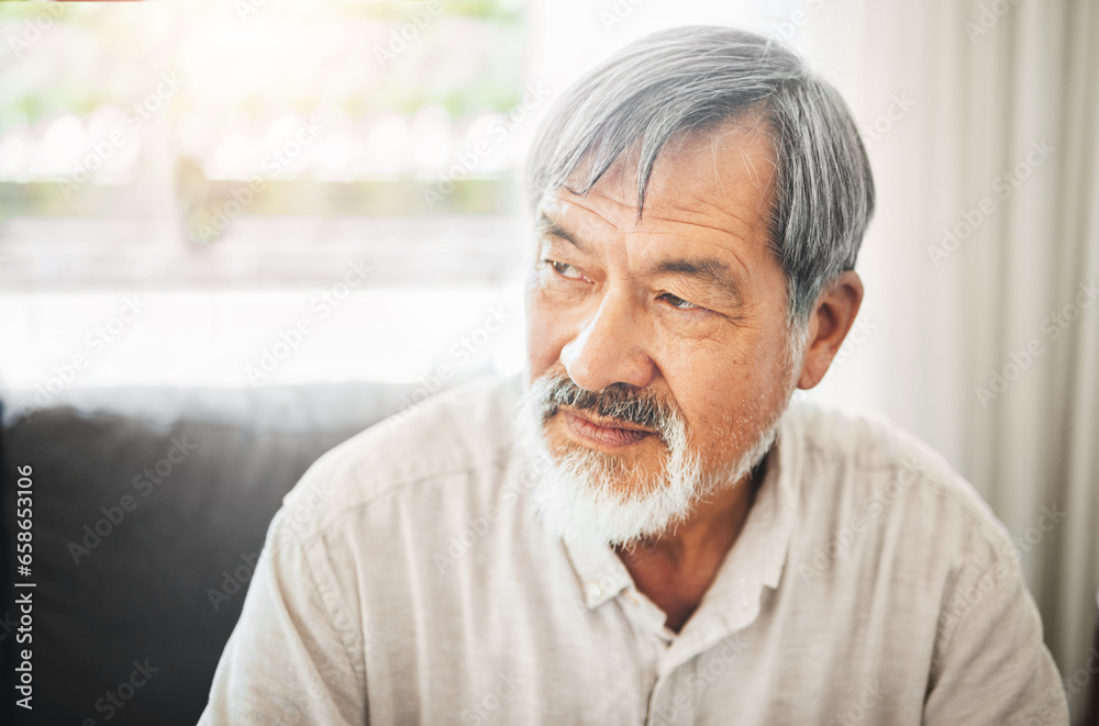 Old man, thinking of memory and life with retirement, reflection and relax at home with health and mindfulness. Peace of mind, remember with knowledge and decision, wise and wellness with thoughts