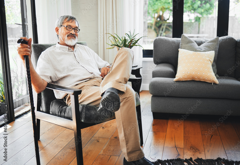 Home, relax and thinking with senior man, walking stick and retirement with ideas, memory and remember. Elderly person, mature guy and pensioner with a cane, calm and peace with nostalgia and peace